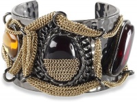 Jessica Simpson Hammered Hematite Cuff Bracelet with Large Cabachon Stones and Gold Tone Chainmail