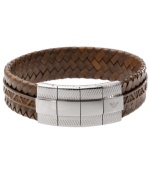 Simple sophistication. This trendy men's bracelet by Emporio Armani combines a brown leather braided band with an adjustable stainless steel closure, featuring the company's signature logo. Approximate length: 7-1/4 inches.