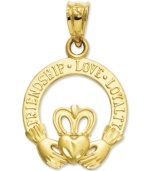 Friendship, Love and Loyalty are all you need. This symbolic cut-out and diamond-cut Claddagh charm makes the perfect gift for a best friend. Crafted in 14k gold. Chain not included. Approximate length: 1 inch. Approximate width: 3/5 inch.