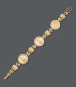 Embrace your love of vintage coins in this unique style. a 14k gold bracelet features intricate scroll and square links and highlights three antique-inspired coins. Approximate length: 7-1/4 inches.