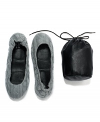 Pretty and portable, these chic flannel flats from Cityslips are perfect for puttering around the house or wherever your travels take you. With a cute companion drawstring bag, they discretely stow in your overnight case.