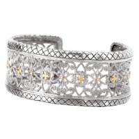 925 Silver Fleur-De-Lis Wide Band Cuff Bracelet with 18k Gold Accents