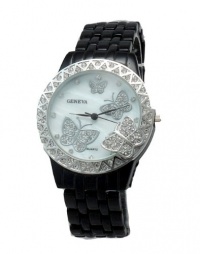 Geneva Black Enamel with Mother-of-pearl Butterfly Watch