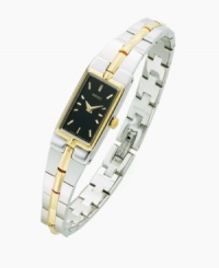 A sleek and modern timepiece that goes easily from office to elegant evening out. Rectangular black dial with gold-tone hands and markers. Stainless steel bracelet with gold-tone accents. Three-year limited warranty. 14mm.