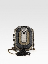 An Art Deco-inspired design with a unique shape encrusted in crystals.Detachable chain shoulder strap, 20 dropBeaded tassel accentPush clasp closureLeather lining5½W X 4H X 1½DMade in Italy