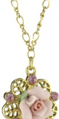 1928 Bridal Porcelain Rose Pink Crystal Necklace