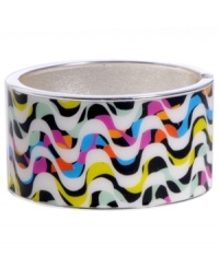 Infuse your look with the bold colors and textures of Brasil. Crafted in silver tone mixed metal Haskell's Streets bangle features black, white, orange, blue, fuchsia and light green wavy stripes with a hinge clasp. Approximate diameter: 2-1/2 inches. Approximate length: 8 inches. Item comes packaged in an orange gift box.