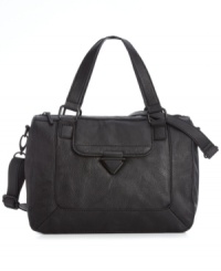 Accentuate your look with this decidedly sophisticated satchel by BCBGeneration. Subtle silver-tone hardware is punctuated with discrete contracting trim while a spacious, well-organized interior offers endless options.