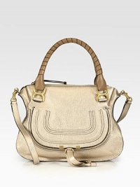 EXCLUSIVELY AT SAKS in Metallic Beige. Shimmering metallic calfskin leather covers this versatile shape, accented with elegantly-wrapped top handles in a contrasting tone. Double tennis-wrapped top handles, 6 dropShoulder strap, 18 dropTop zip closureHidden pocket under flapOne inside zip pocketOne inside open pocketCotton lining14½W X 10¾H X 4½DMade in Italy