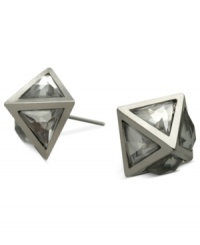 Get to the point with these sharp earrings from GUESS. The pyramid design adds sparkle with glass crystal accents. Crafted in imitation rhodium-plated mixed metal. Approximate diameter: 1/2 inch.