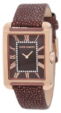 Vince Camuto Women's VC/5034RGBN Leather Rectangle Swarovski Crystal Accented Dial Rosegold-Tone Brown Stingray Strap Watch