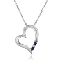 3 Stone Sapphire and Diamond Open Heart Pendant Necklace in Sterling Silver (18 Chain)- Cherry Wood Box