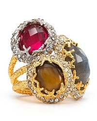 Gold plated metal on this Alexis Bittar ring surrounds a trio of stacked stones featuring a brilliant play of light-enhanced colors.