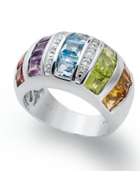 Radiating color. Citrine (9/10 ct. t.w.), blue topaz (1-1/3 ct. t.w.), peridot (1-9/10 ct. t.w.), amethyst (9/10 ct. t.w.), garnet (1-1/3 ct. t.w.) and diamond accents create a dazzling effect on this elegant ring when set in smooth sterling silver. Size 7.