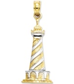 Perhaps one of the most iconic lighthouses to date, the Cape Hatteras Lighthouse presents alluring mystery. Wound in sterling silver, this 14k gold charm offers a beautiful replica and keepsake. Chain not included. Approximate drop length: 1 inch. Approximate drop width: 4/10 inch.