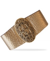 The right cuff. This bracelet from Lucky Brand is crafted from gold-tone mixed metal with a plaque at the center offset with glass accents. Leather gives this bracelet the right amount of edge. Approximate diameter: 2-1/2 inches.