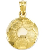 The perfect gift for the aspiring Lionel Messi or Abby Wambach. Crafted from polished and textured 14k gold, this soccer ball is an instant win. Chain not included. Approximate length: 3/4 inch. Approximate width: 1/2 inch.