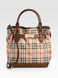 An iconic, haymarket check print on coated canvas accented with chic metallic leather trim and radiant hardware.Double leather top handles, 5½ dropDetachable adjustable leather shoulder strap, 20-22½ dropOpen topProtective metal feetThree inner compartmentsOne inside zip pocketTwo inside open pocketsCotton lining12W X 13H X 6½DImported