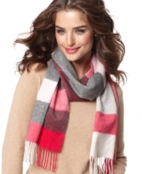 Stand up to winter with this trendsetting, color blocked cashmere scarf keeping you warm and cheery. By Charter Club.