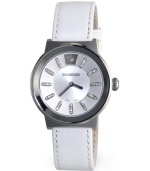 Dazzle them with this pristine Piazza watch by Swarovski. White leather strap and round stainless steel case. Silver tone dial features four crystal accents at each marker, logo at twelve o'clock and two silver tone hands. Swiss quartz movement. Water resistant to 30 meters. Two-year limited warranty.