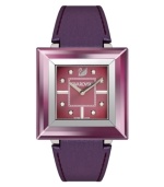 Prismatic purple creates a regal effect on this Rock 'n' Light watch by Swarovski. Prune-colored leather strap and square stainless steel case with amethyst satin crystal bezel. Prune-colored sunray dial features clear crystal markers, silver tone stick indices at three, six and nine o'clock, logo at twelve o'clock and two hands. Swiss quartz movement. Water resistant to 30 meters. Two-year limited warranty.