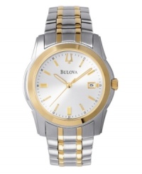 Complement his classic taste with this extraordinary, two-tone stainless steel bracelet watch. Features a crisp white dial with goldtone bezel and markers. Three-hand movement and date display. Water resistant to 30 meters. Three-year limited warranty.