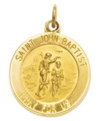 Keep your faith close. This intricate medal charm features a divine depiction, as well as the words: Saint John Baptist Pray For Us in 14k gold. Chain not included. Approximate length: 9/10 inch. Approximate width: 6/10 inch.