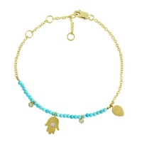 Meira T Solid 14K Yellow Gold Diamonds Turquoise Beads & Hamsa Charm Chain Bracelet