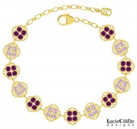 Victorian Style 24K Gold Plated over .925 Sterling Silver Bracelet by Lucia Costin with 4 Petal Flowers, Set with Dots and Openwork Pattern, Lilac and Violet Pink Swarovski Crystals