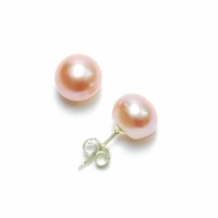 Sterling Silver 8x8.5mm Pink Freshwater Cultured Pearl Button Stud Earrings