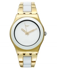 Gleaming like a freshly found pearl, this golden watch from Swatch's Yellow Pearl collection is a true treasure.