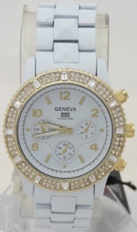 Geneva Quartz Chronograph Look MK5270 Ladies White Ceramic Look Runway with Gold Glitz