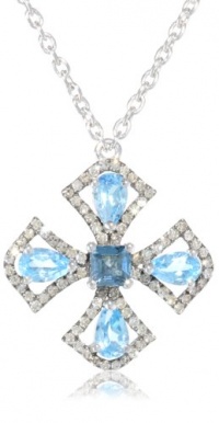 Badgley Mischka Fine Jewelry Blue Topaz Maltese and Champagne Diamonds Cross Pendant Necklace, 18