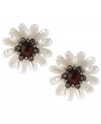 A natural choice. These flower stud earrings from Betsey Johnson are crafted from brown gold-tone mixed metal with topaz-colored glass crystal accents and pearl tones making them a pair worth picking. Approximate drop: 1 inch.