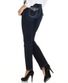 Seven7 puts a brilliant dark wash and embroidered flap pockets on a pair of slimming straight-leg petite jeans.