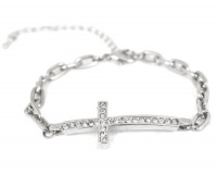 Silver Tone Horizontal Side Cross Bracelet for Women Cross Pave Sparkling Diamond Cut Crystal Elegant Trendy Fashion Jewelry