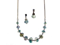 Jewelry Set, Multicolored/Green Pistachio Glass Bead Necklace and Drop Earrings Set