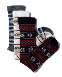 Let it snow. Your toes will be toasty warm in these plush cashmere socks from Charter Club, featuring festive snowflakes and subtle stripes.