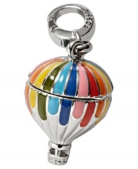 Take flight with this multicolored charm from Fossil. Crafted from enamel and silver-tone mixed metal, the hot air balloon charm reveals a special passenger resting his weary wings. Approximate length (charm): 1 inch; (clip): 1/2 inch.