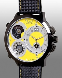 With a sophisticated yellow and black PVD dial, featuring three time zones, a date display and a temperature gauge, this watch keeps you cool--and in the know.