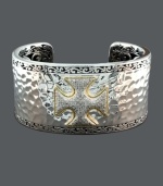 Style and spirit combine. This medieval-inspired bangle from Balissima by Effy Collection features a cross center, intricate filigree edges, and sparkling round-cut diamonds (5/8 ct. t.w.). Crafted in sterling silver with 18k gold accents. Bracelet features an open-cut design that slips on and off the wrist. Approximate width: 1-1/2 inches. Approximate diameter: 2-1/2 inches.