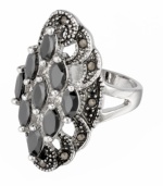 Snap up style inspired by an heirloom. This chic ring by City by City has vintage appeal and a whole lot of sparkle. Crafted in antique silver tone mixed metal, ring features clusters of jet-colored cubic zirconias (3-9/10 ct. t.w.) with marcasite trimming. Size 7.