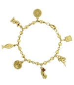 Celebrate your faith with just the right amount of charm. This stylishly symbolic bracelet by Vatican features a multitude of religious-themed charms including: an Ichthys, The Vatican Library Collection circle, a bible, angels, folded hands and cross, and a lamb and cross. Bracelet crafted in gold tone mixed metal with red crystal accents. Approximate length: 7 inches.