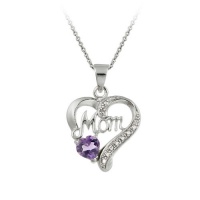 Sterling Silver, Diamond-Accent and Amethyst Mom Heart Pendant Necklace, 18