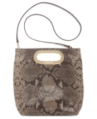 Go bold with this daring snakeskin crossbody from MICHAEL Michael Kors. This wildly haute look features shiny 18K gold hardware and modern cut-out handles at sides.