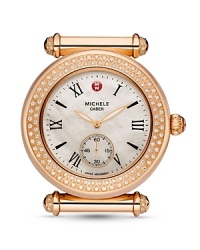 An ultra-luxe watch head from Michele with sparkling diamond pave bezel and chronograph dial.