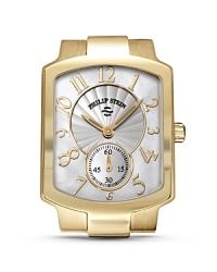 A classic gold-plated stainless steel chronograph watch head with Arabic numerals from Philip Stein.