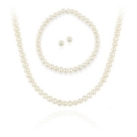 Sterling Silver 5.5-6mm Genuine Freshwater Cultured White Pearl Necklace Bracelet & Stud Earrings Set