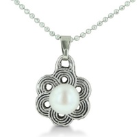 Flower Shaped Pendant With Freshwater Natural White 7.5-8mm Round Pearl On Faceted Ball Chain Necklace, 18 Inches Long