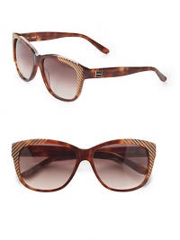 THE LOOKRound cat's-eye silhouetteAcetate framesMetal logo at temple UV protectionSignature case includedTHE COLORTortoise frames with striped detailing and brown gradient lensesORIGINMade in France